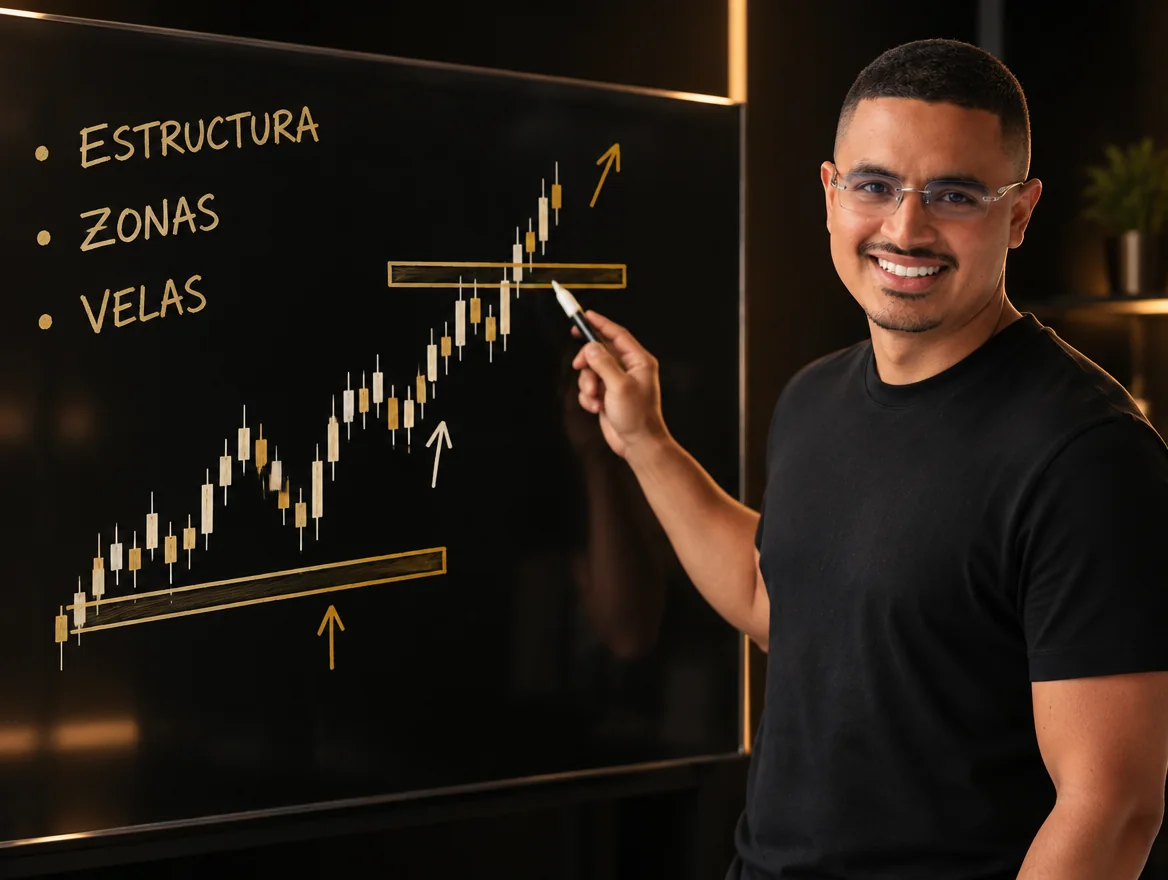 Andrés Valdés enseñando frente a una pizarra con un gráfico de velas y las palabras Estructura, Zonas y Velas